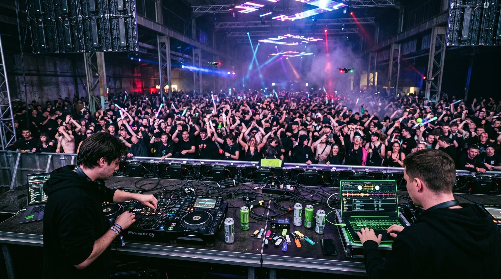 DJ-Booth auf Electronic Festival mit AI-gestützten Screens, Pioneer-Gear und Nvidia-GPUs bei Techno-Set