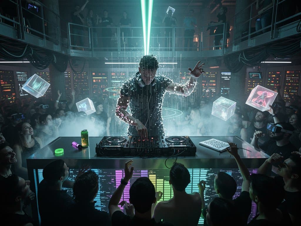 Futuristisches DJ-Pult mit KI-Visuals, neonblaue Wellen und VR-Elemente in Techno-Club-Atmosphäre