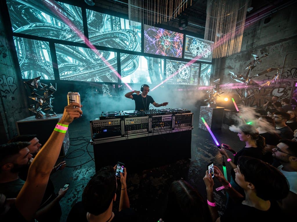 Abstrakte generative AI-Architektur-Projektionen in dunklem Berlin-Club, pulsierend mit Neon-Farben und Rave-Ästhetik