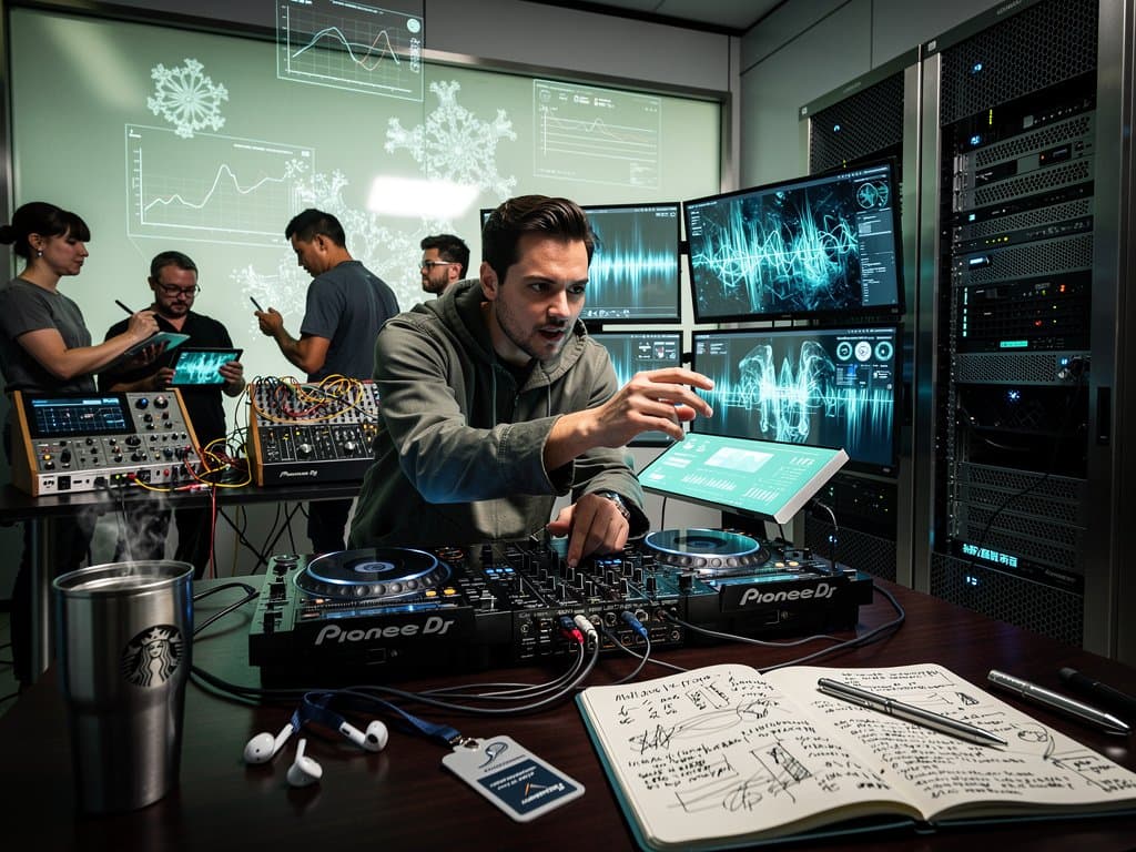 AI-Terminal-DJ-Setup mit Pioneer-Decks, 4K-Monitoren und fractal-Visuals in Changzhou-Labor, neonblaue Tech-Ästhetik