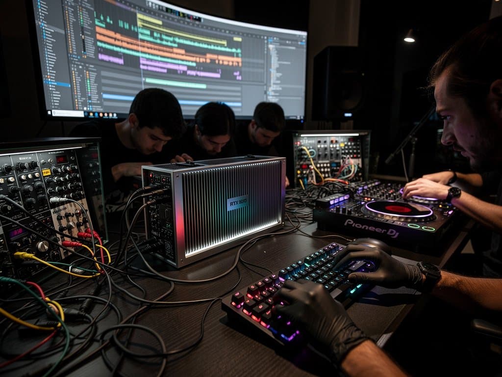 Berliner Techno-Studio mit RTX 4090 GPU, Ableton Live, agentic AI-Code und DJ-Equipment unter Neonlichtern und AI-Visuals