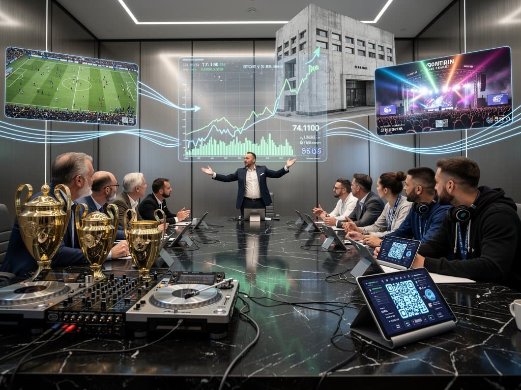 Holographic BTC charts and NFT tickets blend Champions League and DJ festival tech in high-tech room