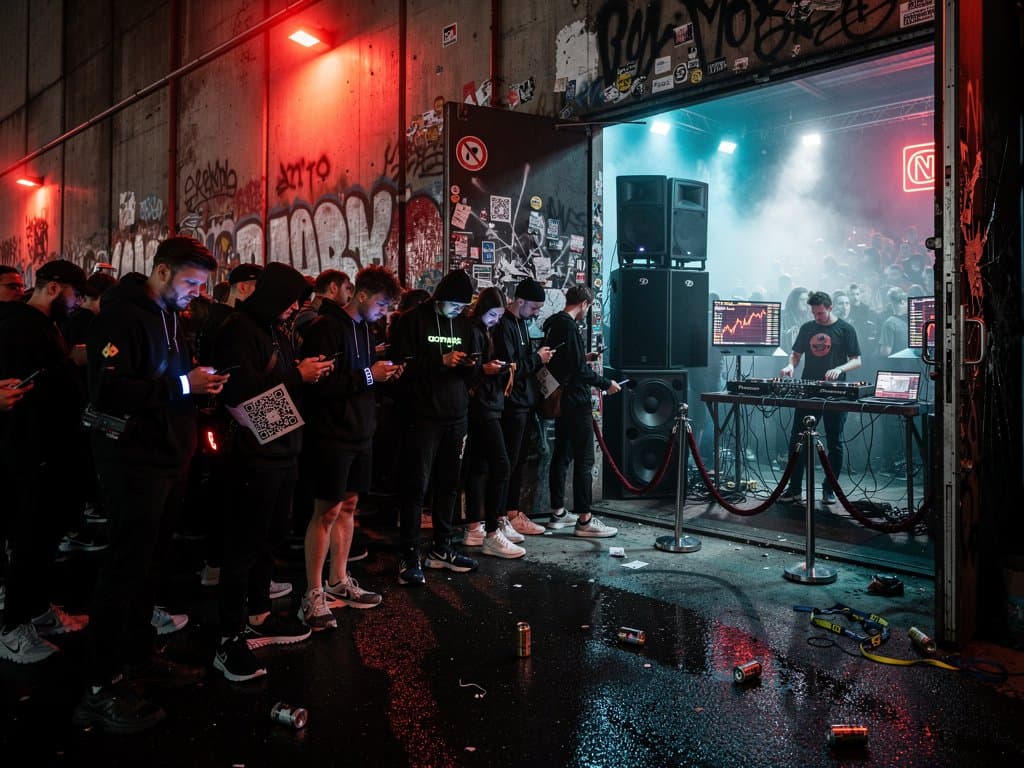 Berghain-Queue mit Crypto-Crash-Charts am DJ-Booth, roter Finanzabsturz im Techno-Club