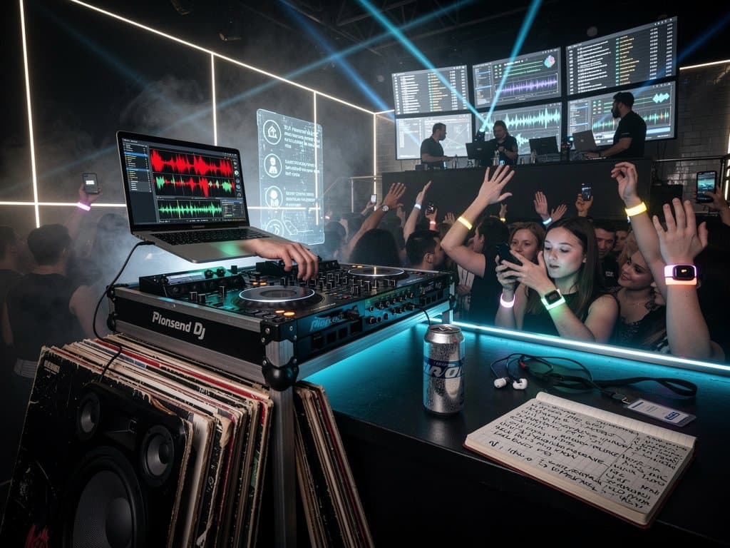 DJ-Booth in London-Nightclub mit AI-Deepfake-Detektion und Security-Monitoren