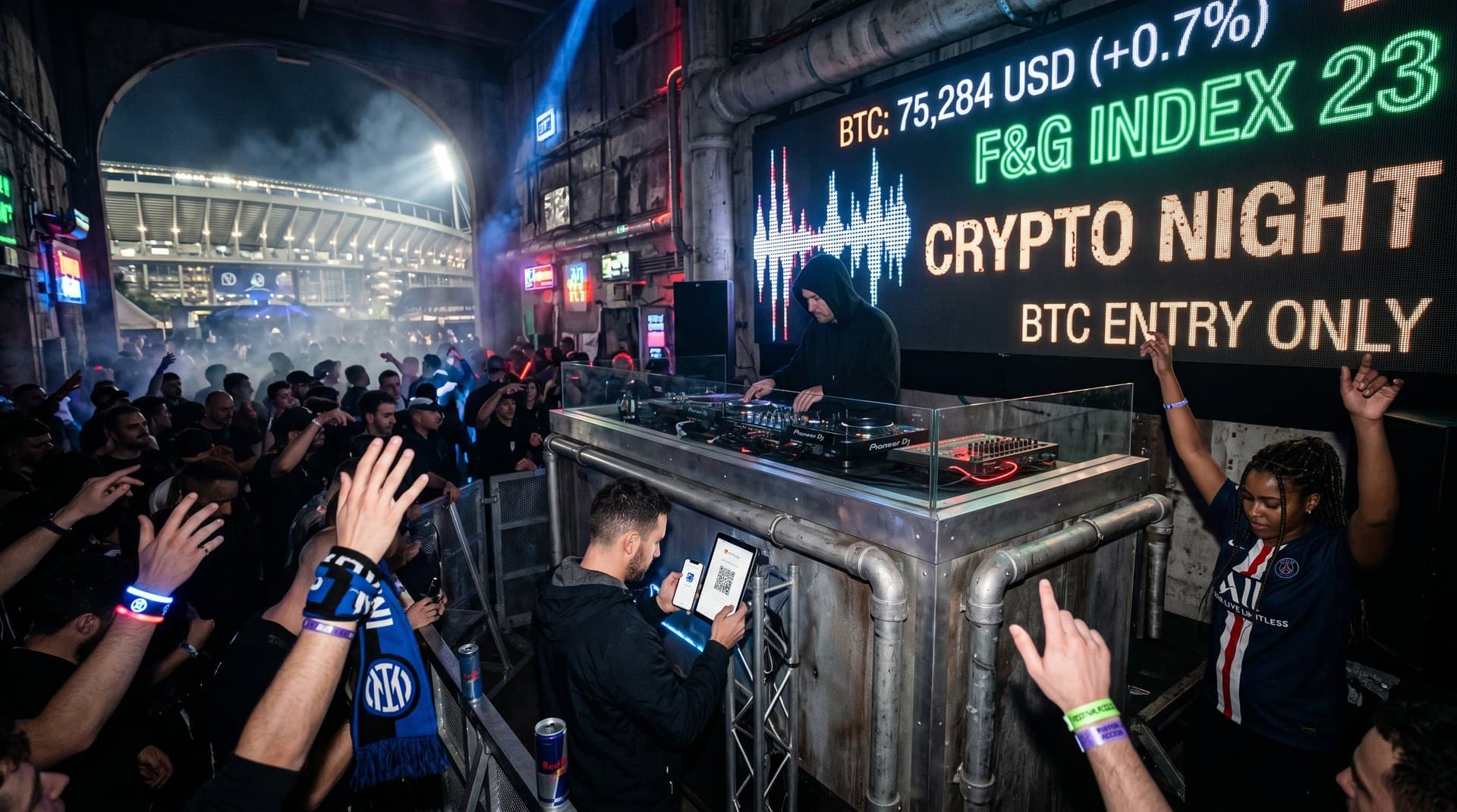Techno-DJ-Booth in CL-Fan-Zone mit BTC 75.284 USD und Krypto-QR-Entry