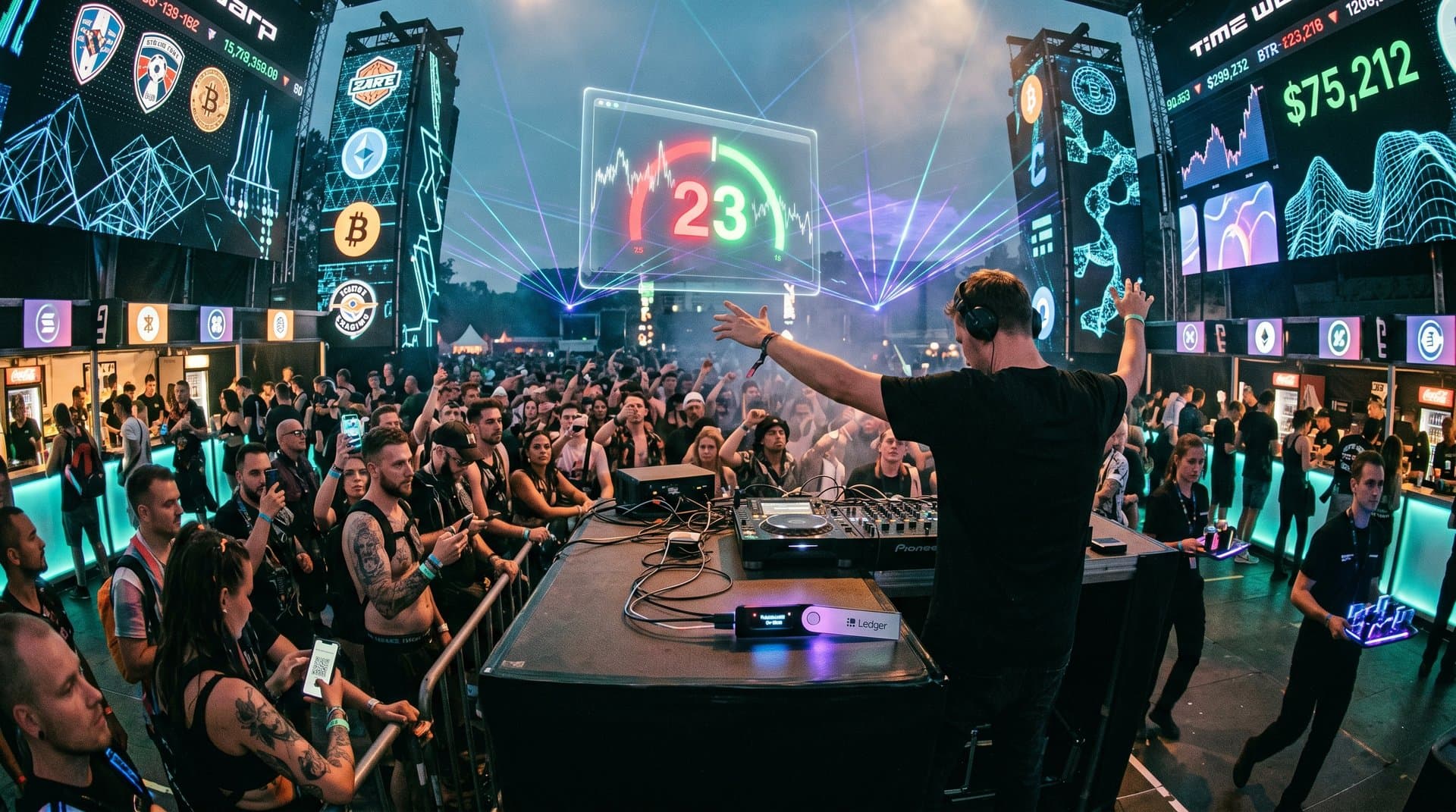 EDM-Festival-Mainstage mit Champions-League-Krypto-Charts und Wallet-QR-Scans inmitten tanzender Crowd