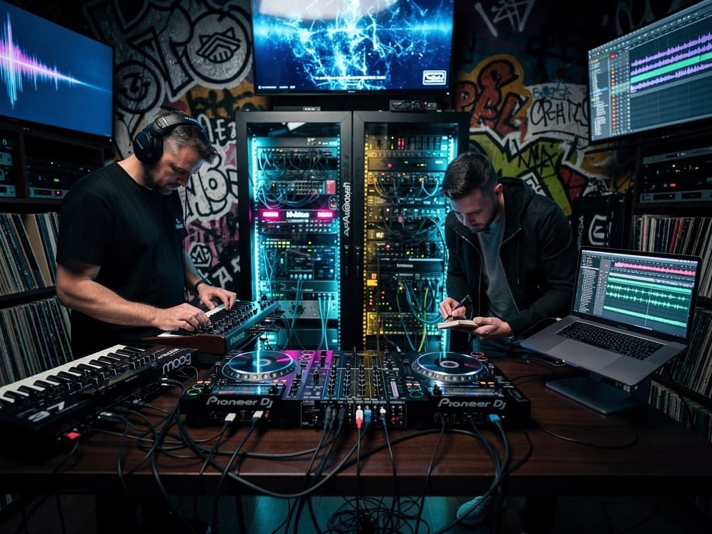 Allbirds-Schuhe verwandeln sich in AI-Waveforms in elektronischem Musikstudio mit CDJs und Synths unter neonblauem Licht