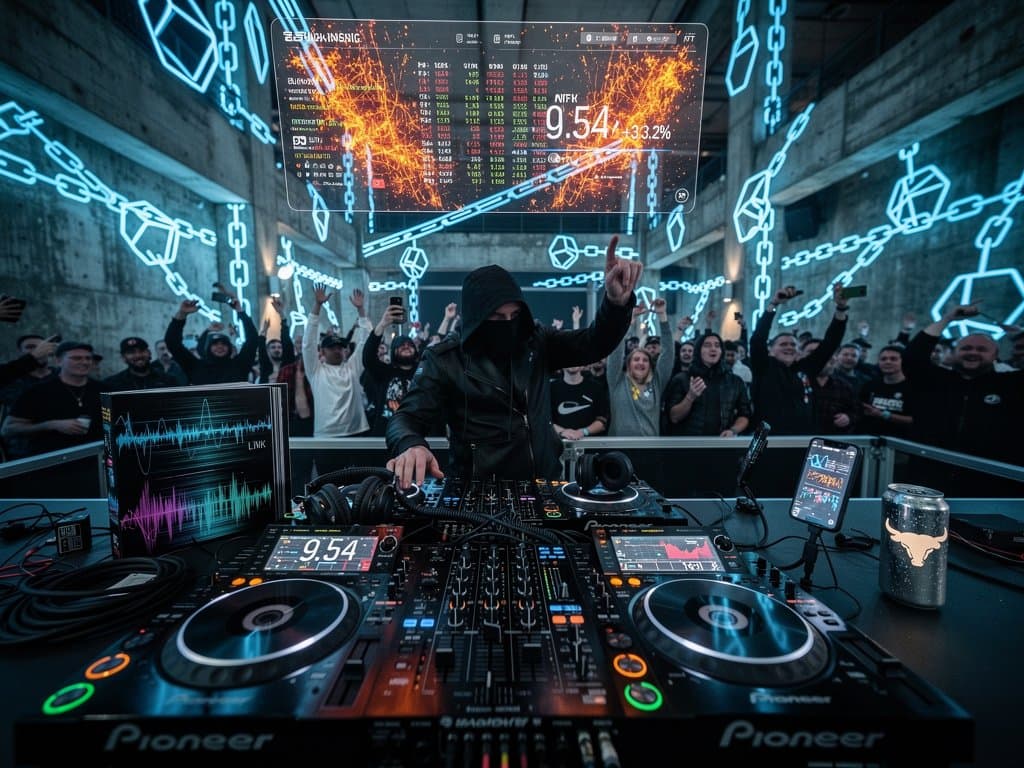 DJ-Pult mit Chainlink-Preis-Chart bei 9,54 USD in Techno-Club, NFTs und Royalties visualisiert