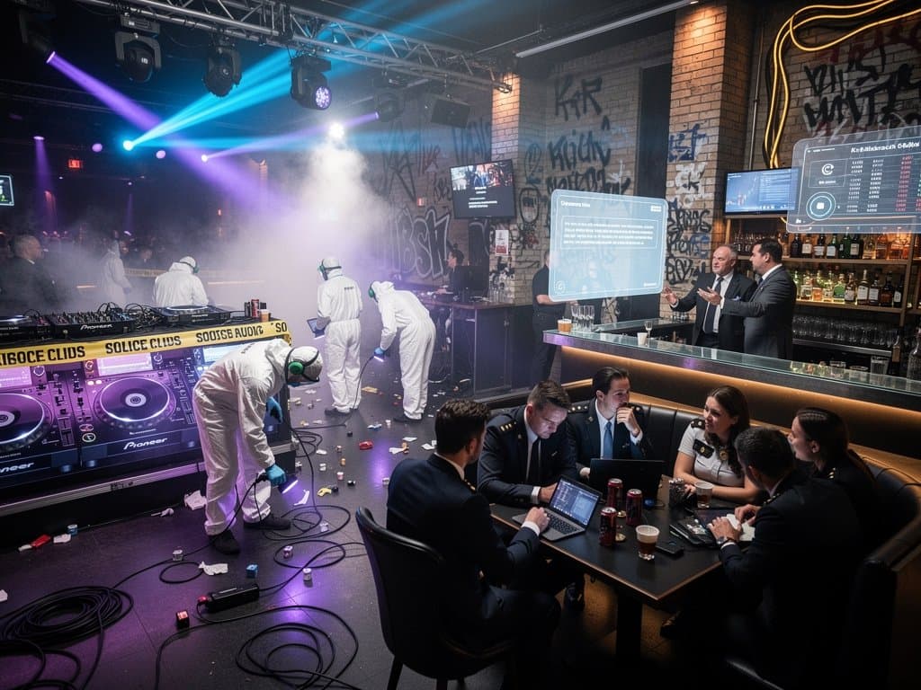 Leeres Techno-Nightclub in London mit KI-Deepfake-Warnungen und Crypto-Charts unter Neonlichtern