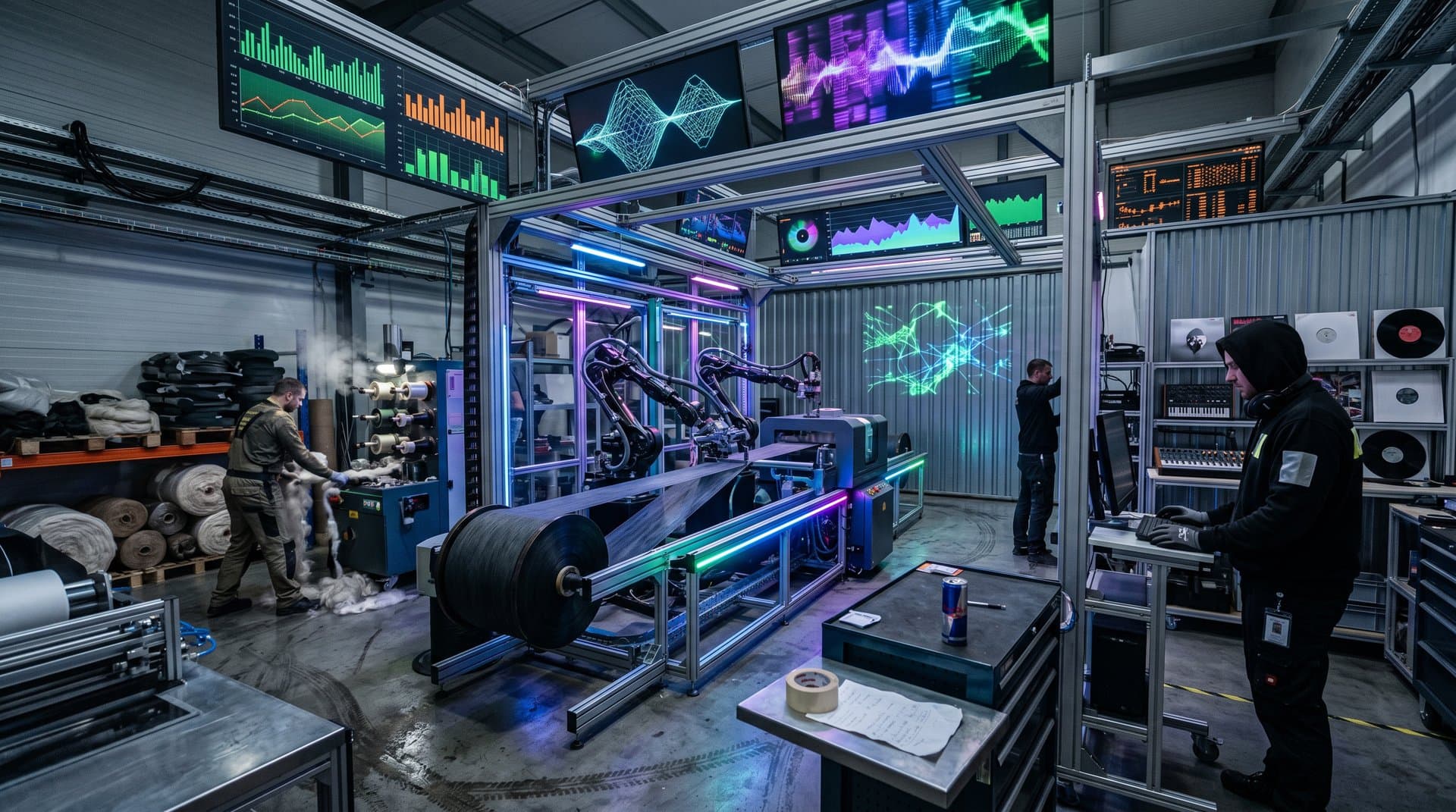 KI-optimierte Fabrik mit Allbirds-Schuhen, Techno-Waveforms, Vinyl und Krypto-Charts