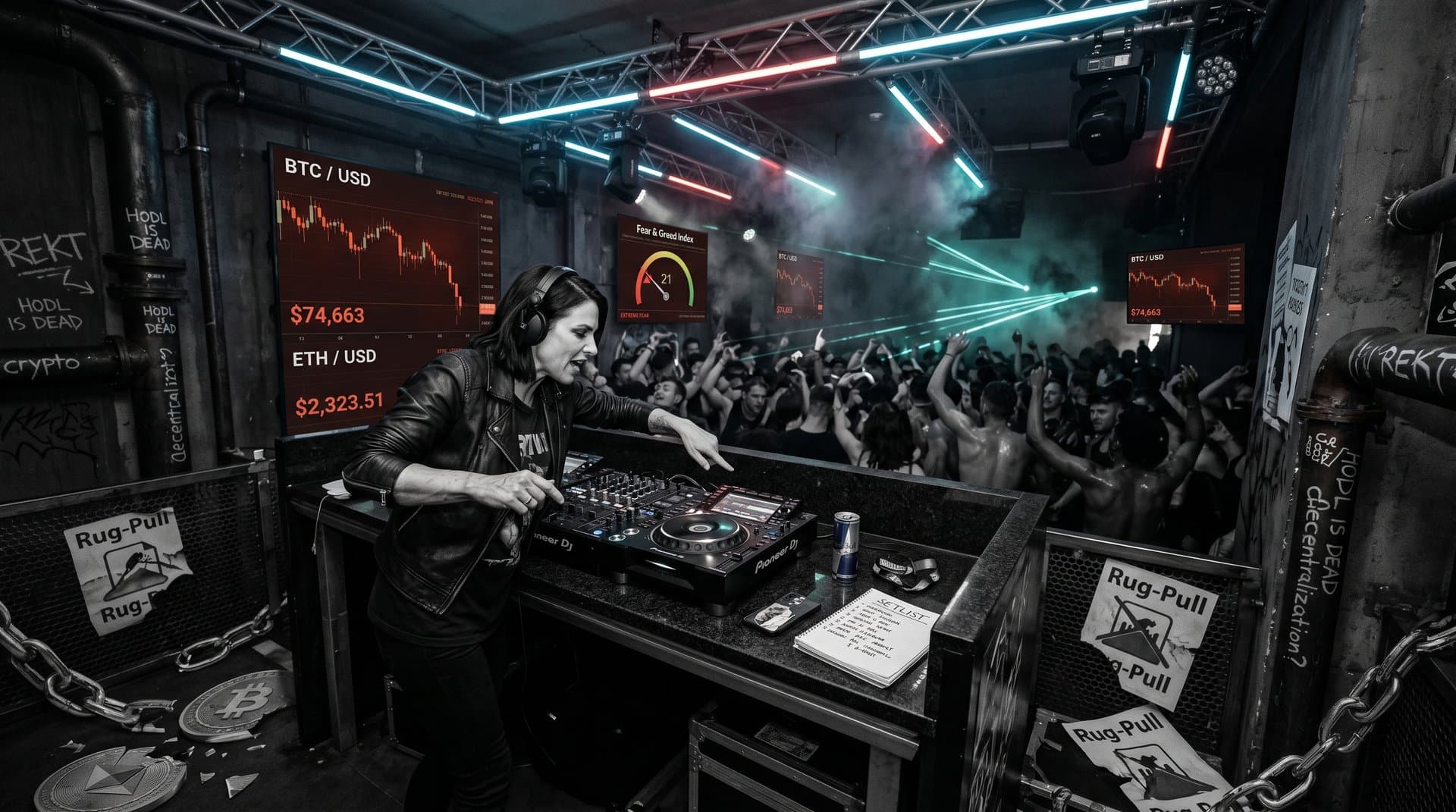 DJ-Pult in Berliner Techno-Club mit Crypto-Charts auf LED-Wänden: BTC 74.663 USD fallend, Fear & Greed 21, Blockchain-Ketten und NFT-Symbole in neonrauchiger Atmosphäre