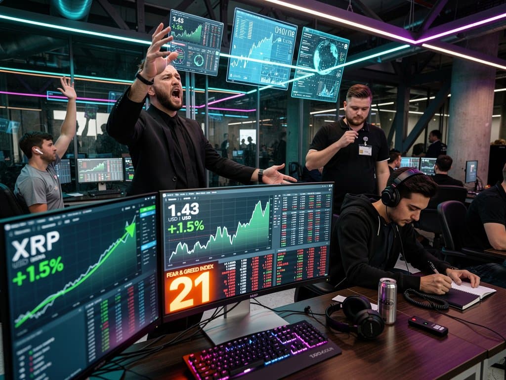 Trading-Desk mit XRP-Charts, DJ-Equipment und Festival-Elementen in Finance-Clubkultur-Fusion
