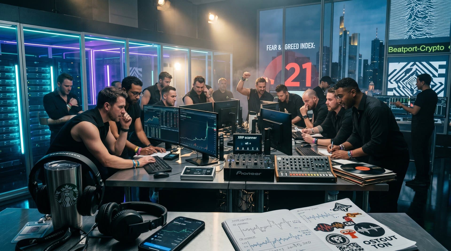 Trader analysiert XRP bei 1,44 USD neben Techno-Waveforms auf Trading-Floor
