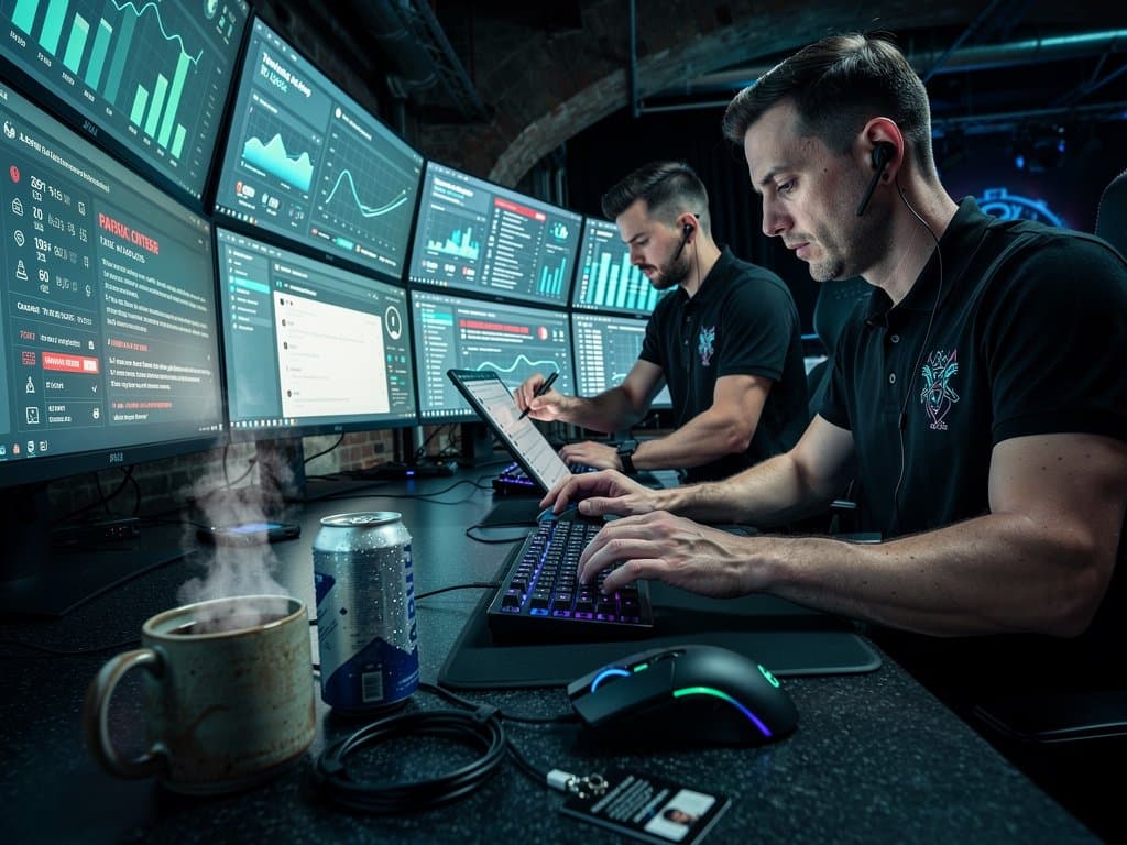 Sicherheitsoperationscenter in Luxus-Nightclub mit AI-Dashboards und Monitorwänden