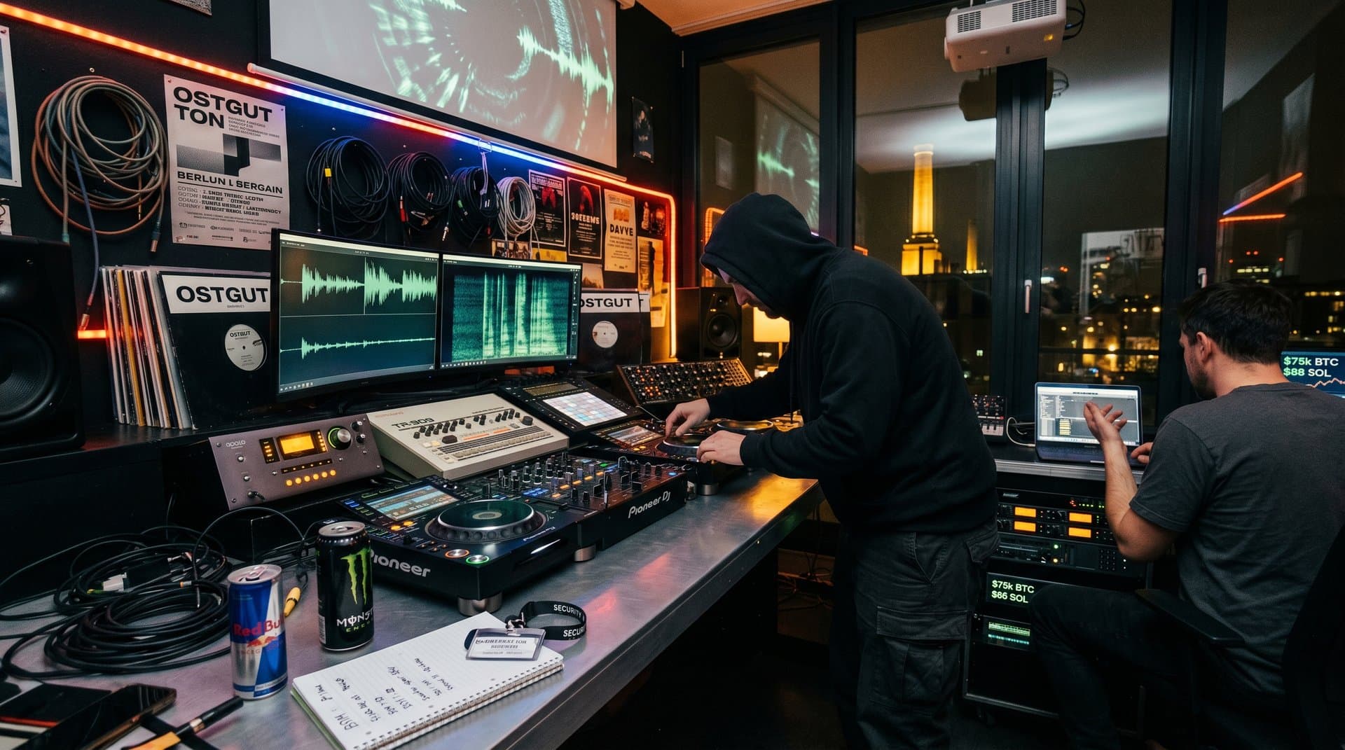 Techno-Studio mit AI-Waveforms, CDJ-3000, TR-909 und Crypto-Charts in Berliner Underground-Atmosphäre