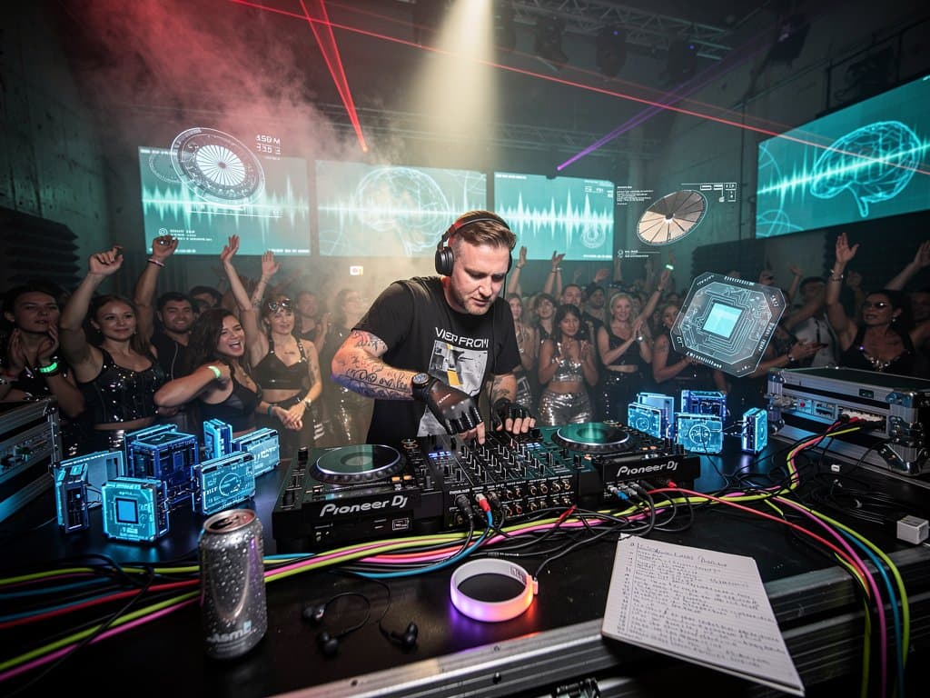Futuristisches DJ-Pult mit ASML AI-Chip-Prototypen und EUV-Modellen in Techno-Club-Atmosphäre