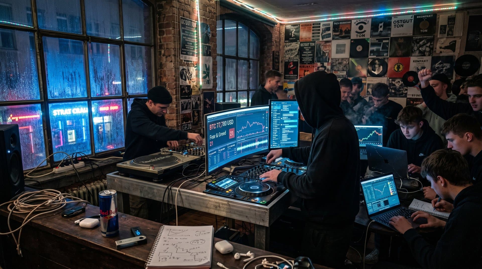 Berliner DJ-Loft mit Crypto-Charts, Fear & Greed 21 und Electronic-Setup
