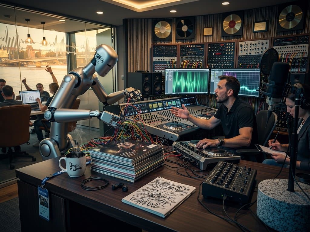 Humanoid-Robot sortiert Studio-Equipment in Berliner Produktionssuite mit Ableton-Setup