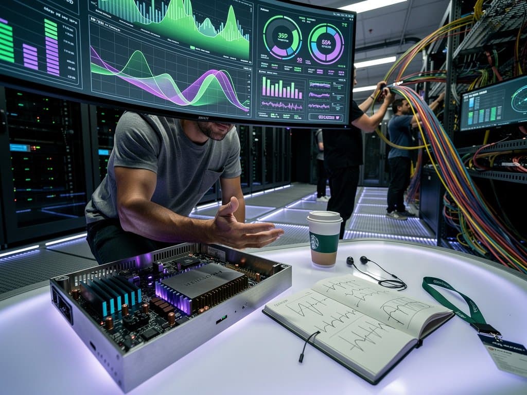 Broadcom AI-Server-Racks in Meta Data Center mit glowing LEDs, Waveforms auf Monitors, Fiber Cables und BTC-Charts in high-tech Umgebung