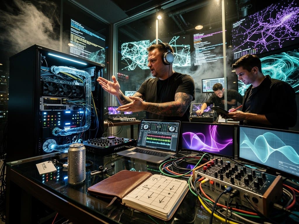 AI-Server-Rack neben DJ-Equipment in Techno-Studio mit Wellenformen und Neonlichtern
