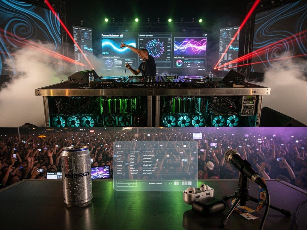 DJ-Booth mit Nvidia-GPUs und AI-Waveforms auf Festivalbühne