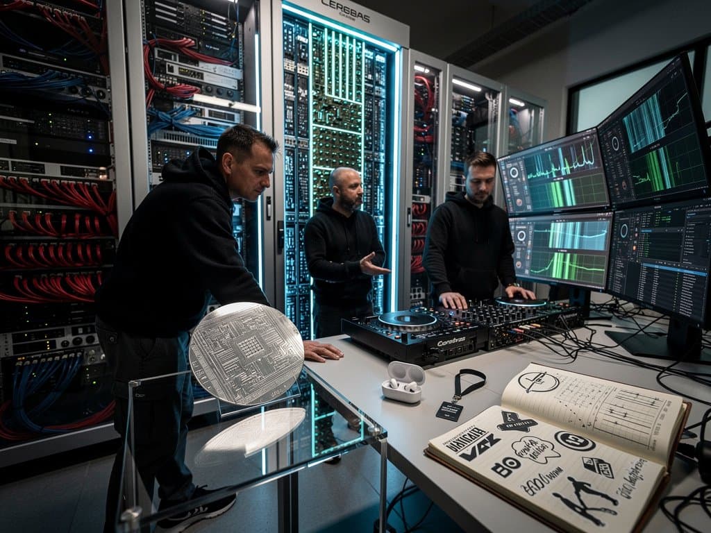 Cerebras AI-Chip-Cluster in Tech-Lab mit Waveforms für DJ-Beats und generative Musik auf Monitoren