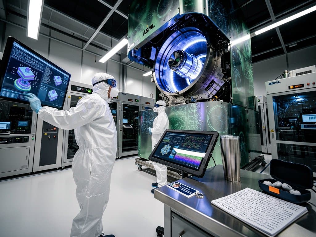 ASML EUV-Maschine in Cleanroom mit Technikern und 2-nm-Chip-Displays