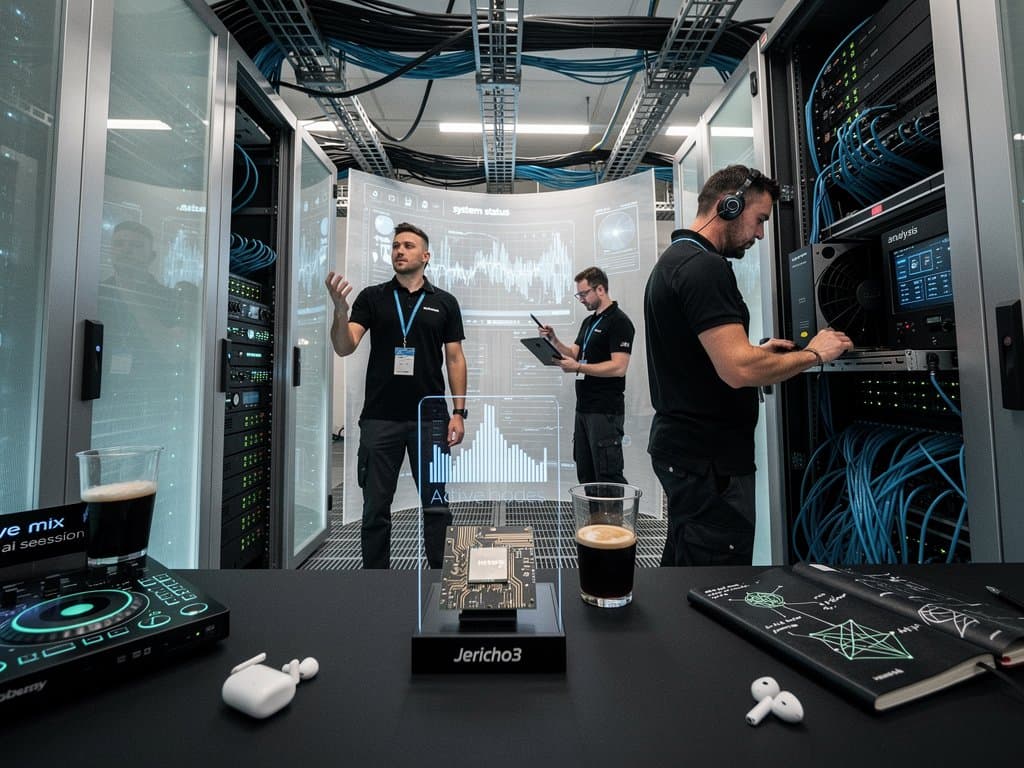 Data-Center mit AI-Chips, Audio-Spektren und DJ-Equipment-Elementen
