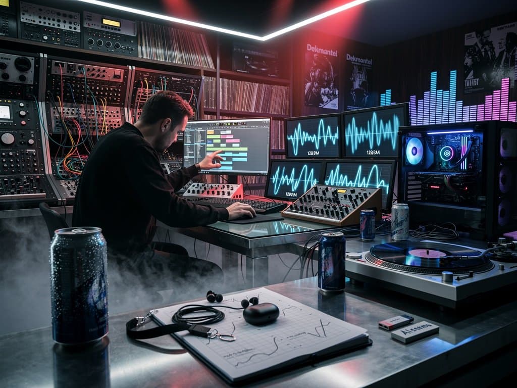 Berliner Studio mit AI-Waveforms, Ableton, NVIDIA-GPU, Techno-Prompts und Electronic-Equipment