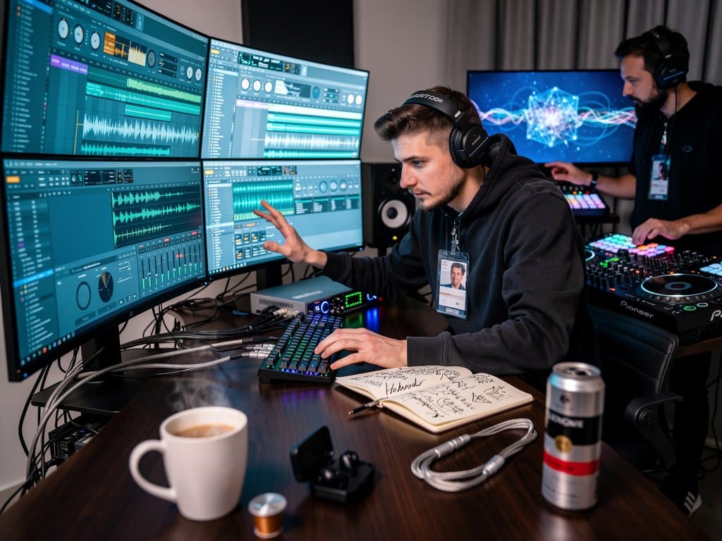 AI-DJ-Setup in Berliner Studio: Controller, Monitore, GPU-Racks vor Skyline