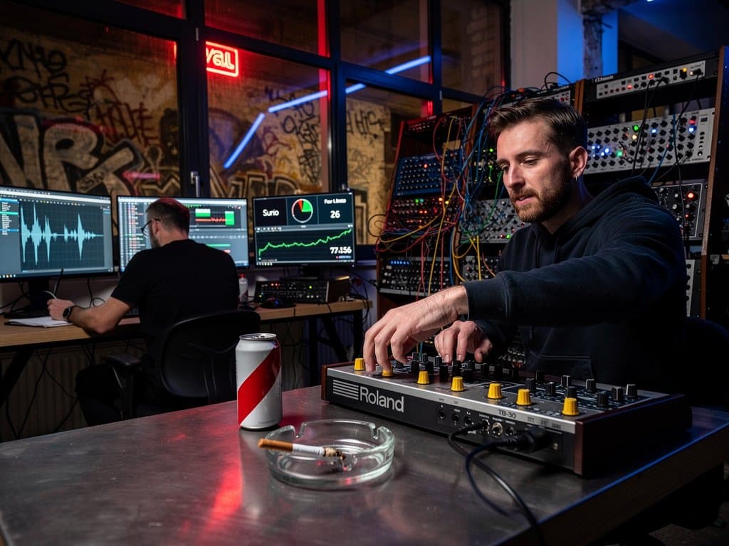 Berliner Techno-Producer im Studio mit KI-Tools, Synths und Waveforms auf Monitoren