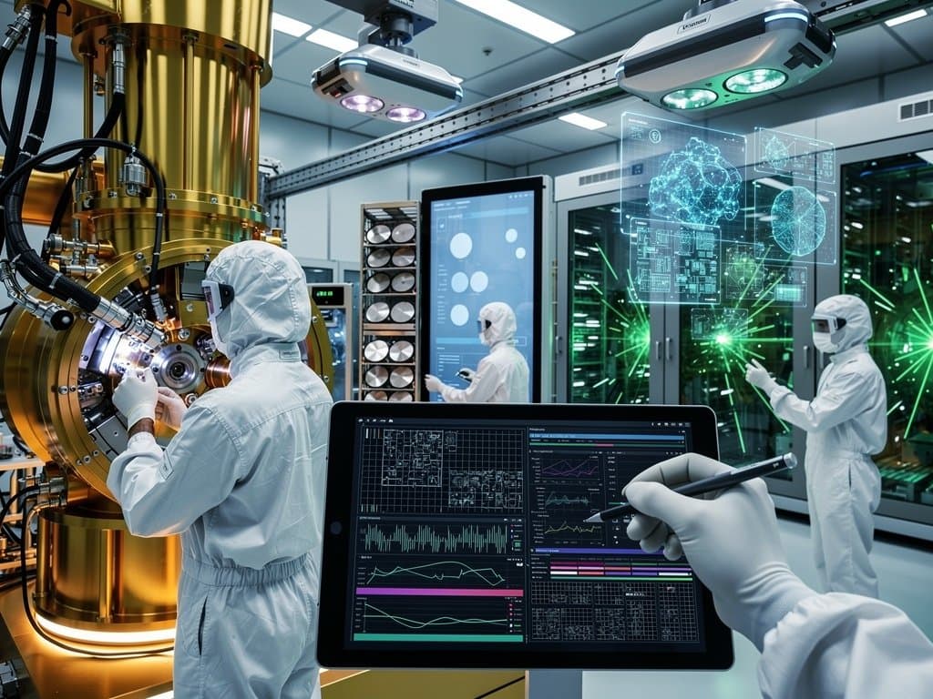 TSMC-Cleanroom mit ASML EUV-Maschine, AI-Chip-Layouts, Audio-Waveforms und BPM-Grids für DJ-Synthese