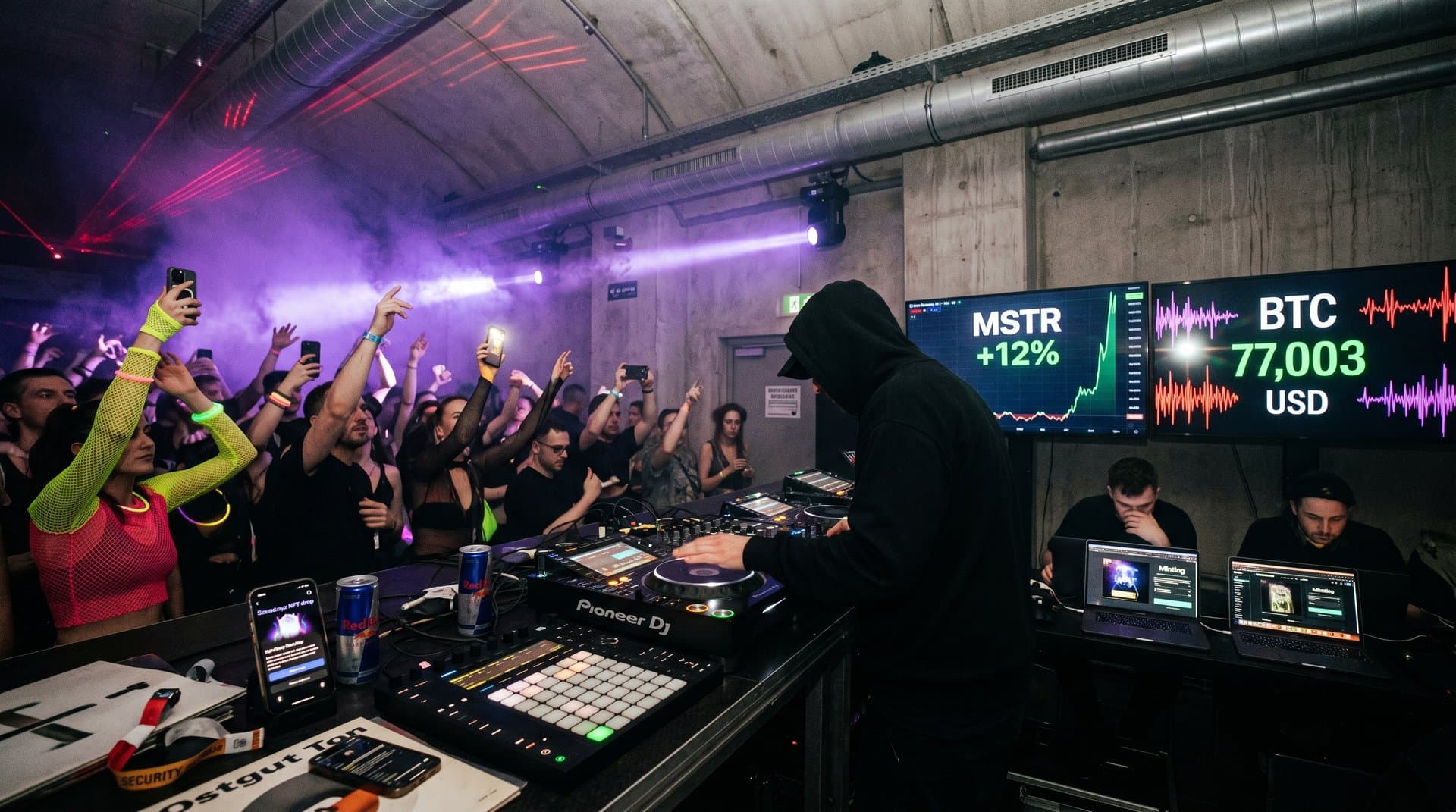 DJ in Berlin Club checkt MSTR Surge und BTC-Charts auf CDJ-Bildschirmen inmitten Techno-Atmosphäre