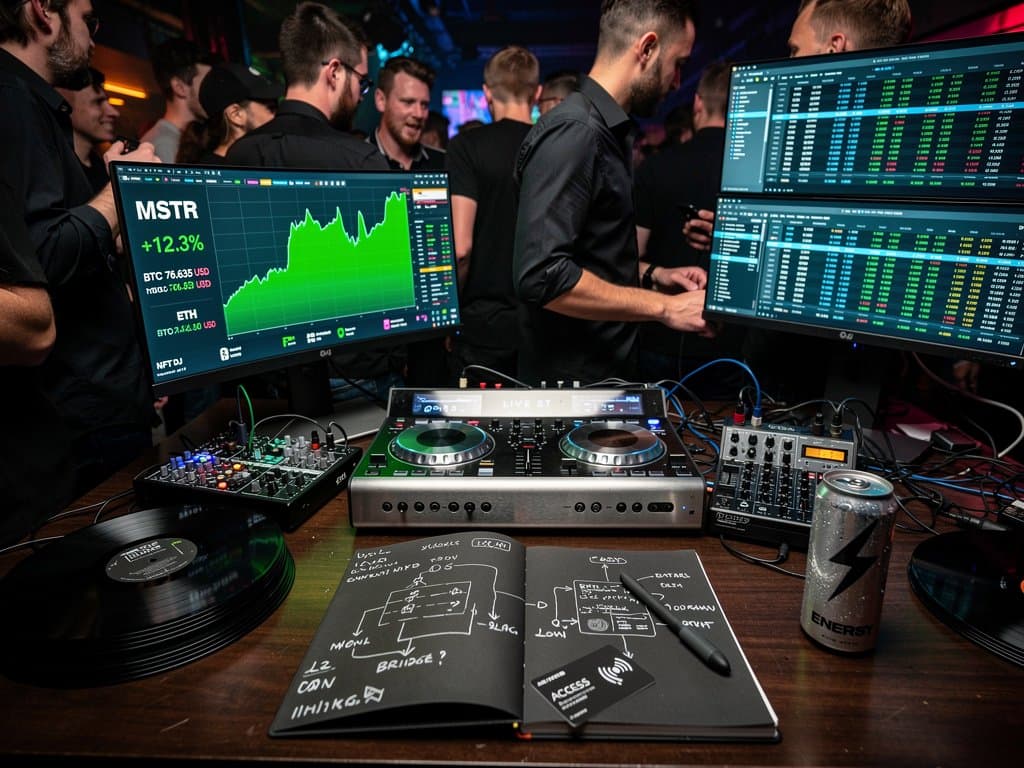 Neon-Trading-Setup mit MSTR-Chart-Surge, BTC-Preisen und DJ-Equipment in Berlin-Club-Atmosphäre