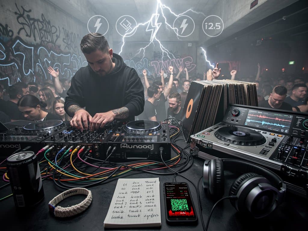 DJ-Pult mit Synths, Vinyl und BTC-Charts in Berliner Techno-Club