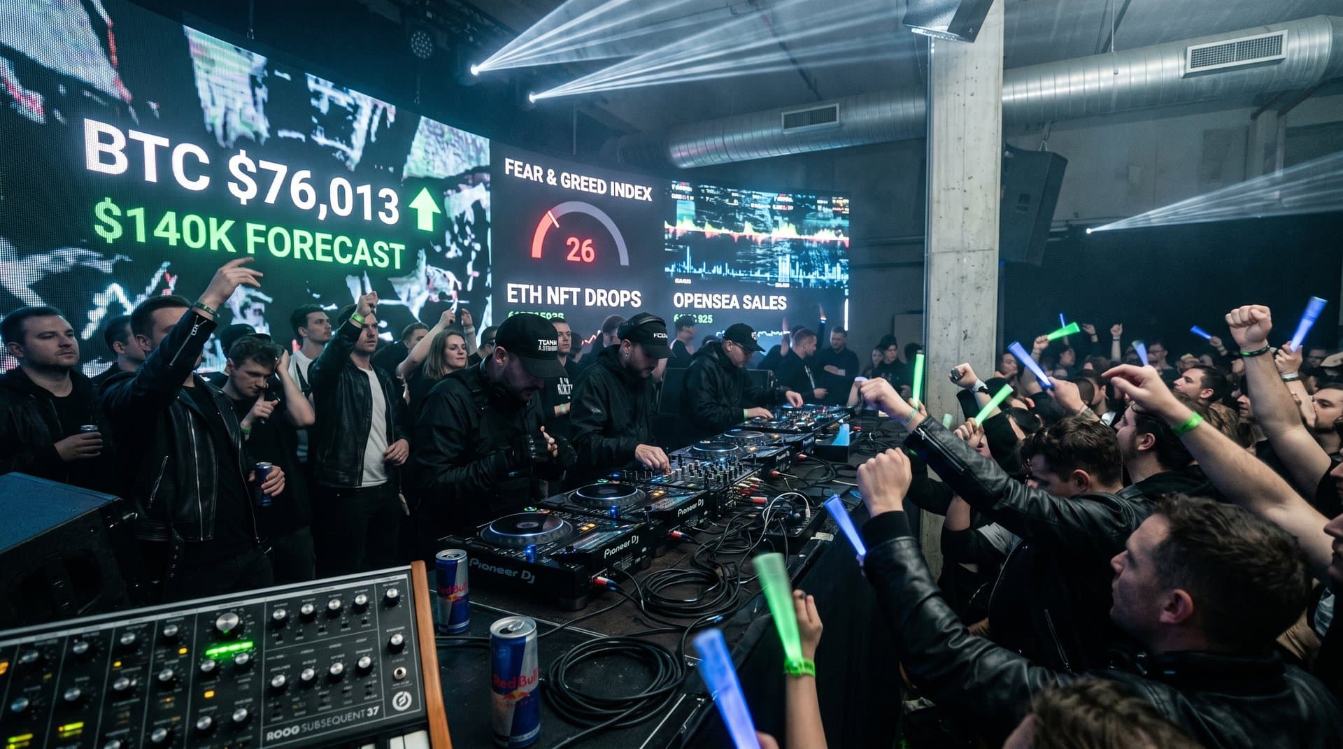 Crypto-DJs mixen auf Time Warp mit Bitcoin-Charts bei 76.013 USD und Fear & Greed 26, Web3-Gear-Upgrades