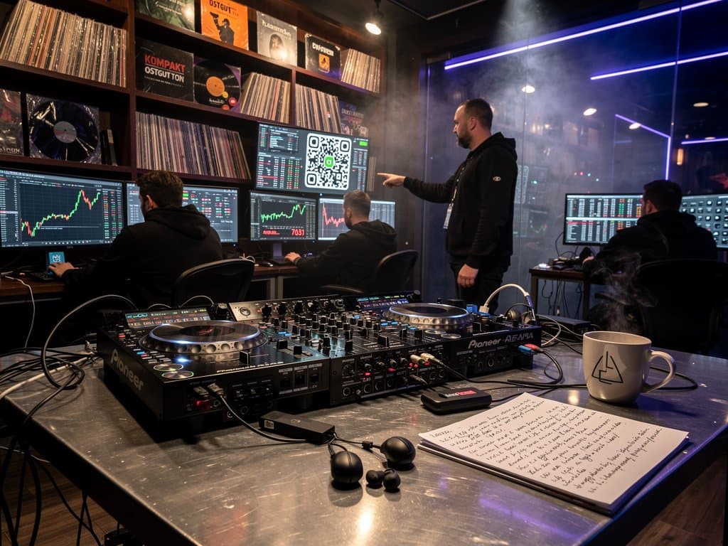 Crypto-Charts am Bloomberg-Terminal mit DJ-Mixer auf Trading-Floor