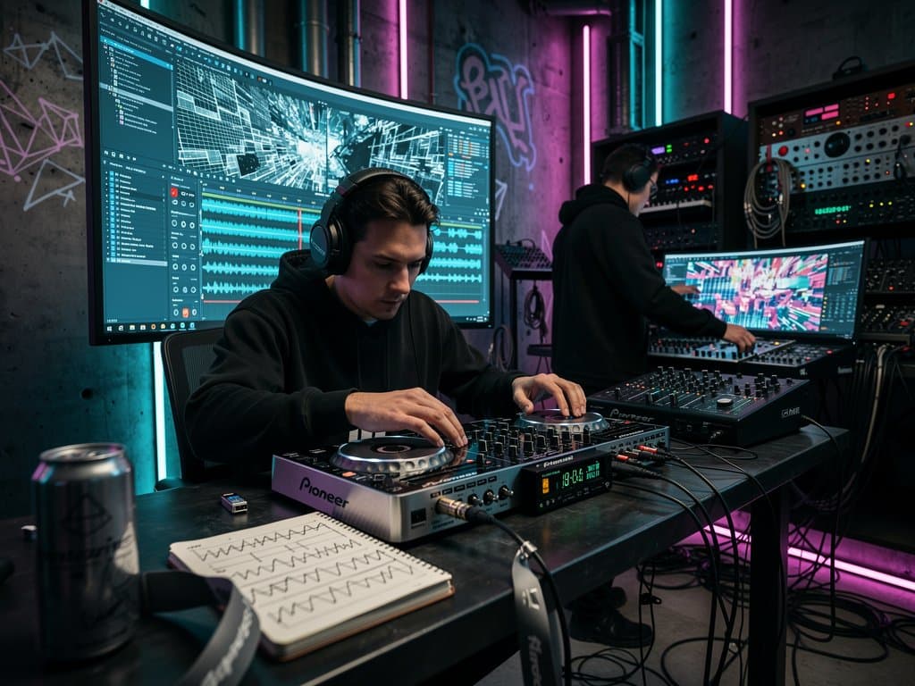 Kdenlive-Timeline mit DJ-Mix-Wellenformen in modernem Berliner Studio unter Neonlichtern