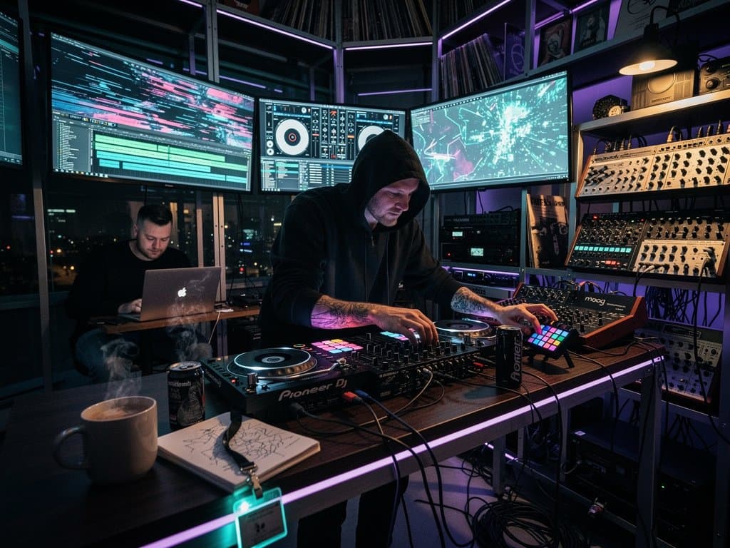 DJ-Production-Desk mit Maschine MK3, CDJ-3000, glitchigen Techno-Visuals und Claude Design AI-Prototypen
