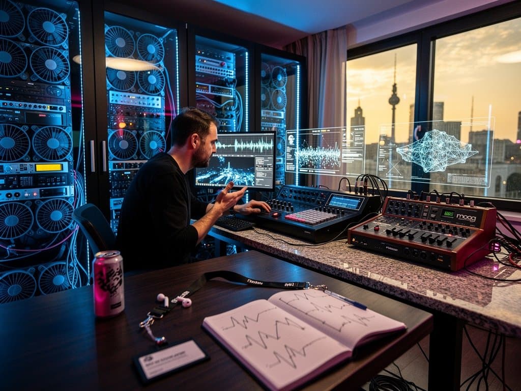 AI-generierte Techno-Wellenformen auf Monitoren in High-Tech-Lab mit Server-Racks, MIDI-Gear und Festival-Visuals