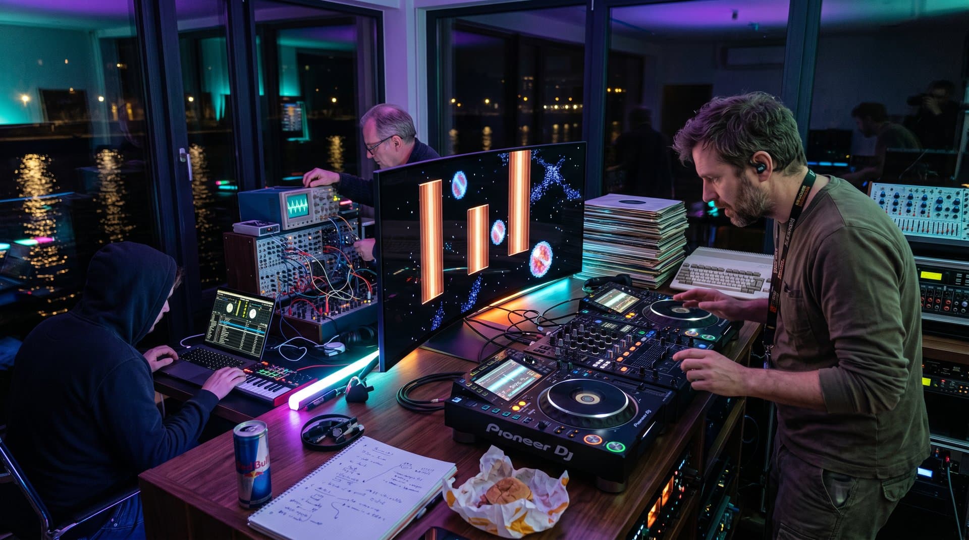 DJ-Studio mit OLED-Monitor, Amiga-Retro-Grafiken, Resolume-Setup und Modular-Synths