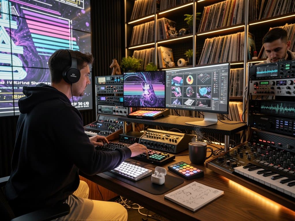 VJ-Setup in Berlin-Studio mit Amiga-Emulator auf OLED-Monitor, Resolume-Software und LED-Wand im Hintergrund