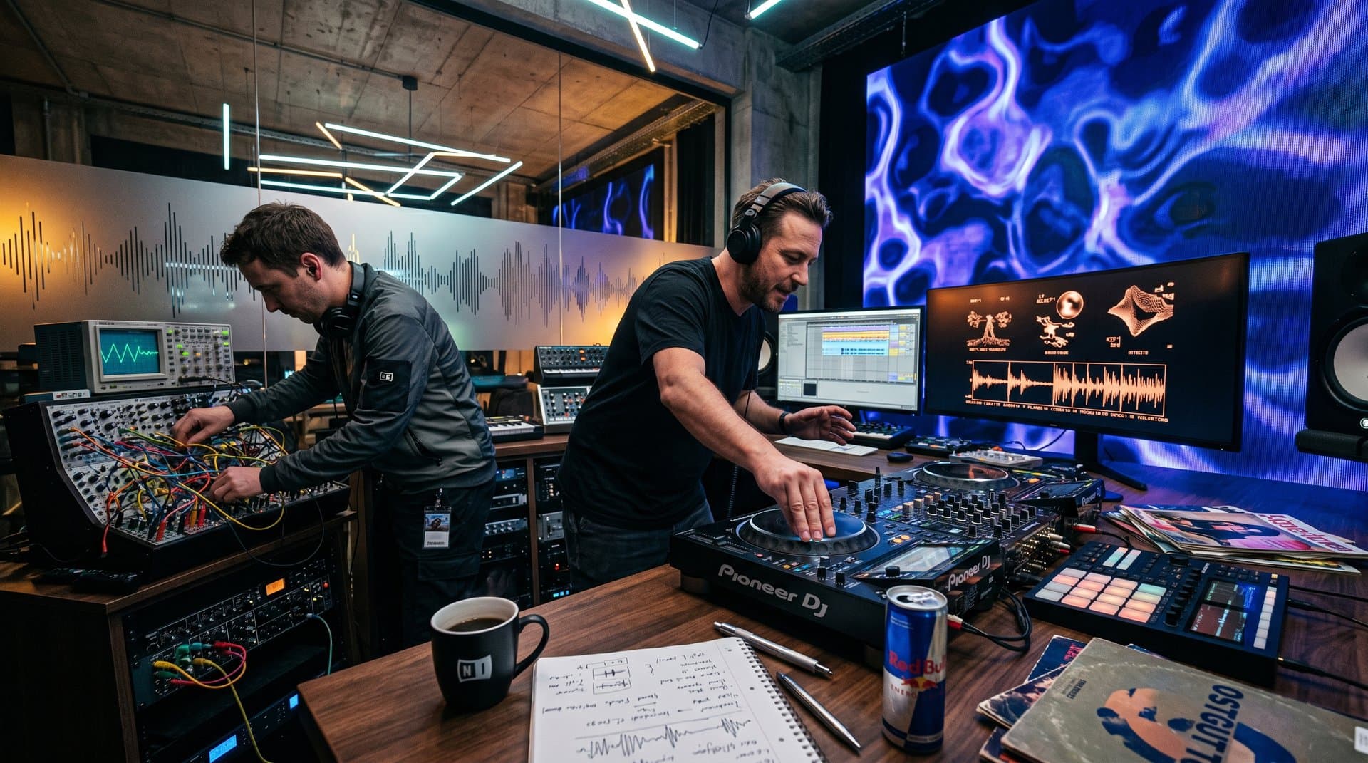 DJ-Studio mit Amiga-Retro-Grafiken auf Monitoren, Pioneer CDJ und Synth-Gear unter Neonlichtern