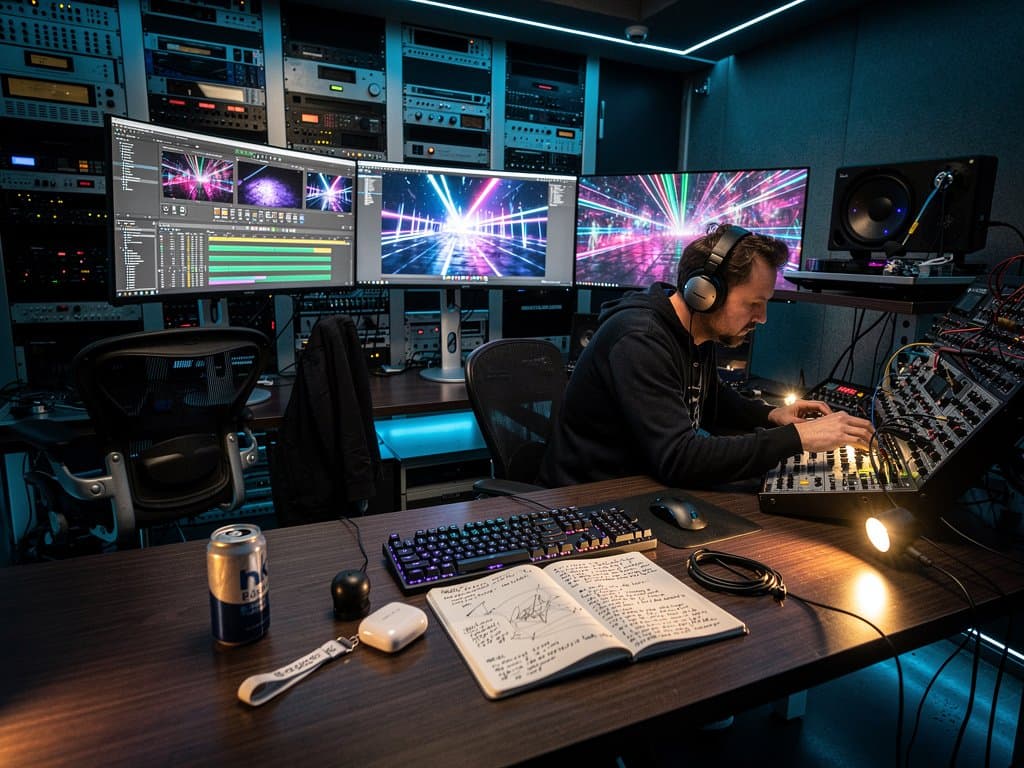 DJ-Projekt editiert Techno-Visuals mit Kdenlive auf Triple-Monitor-Setup in Berliner Studio