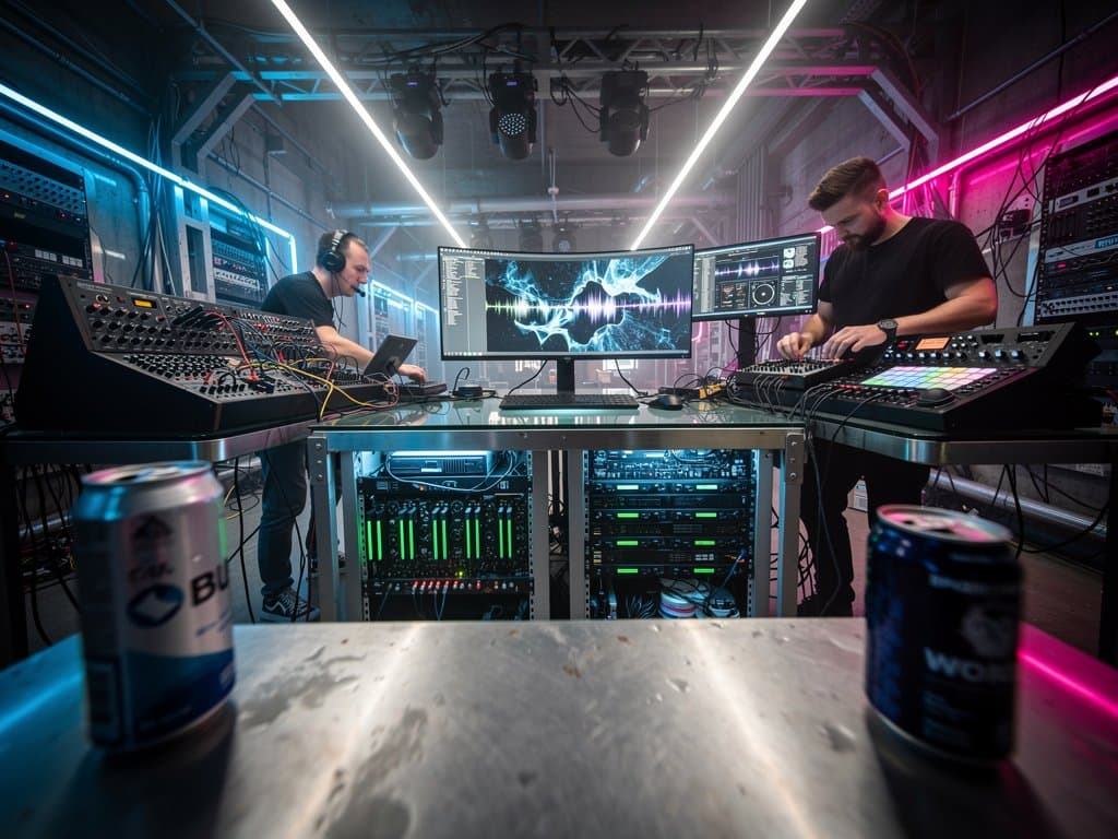 EDM-Studio mit NVIDIA-GPUs, AI-Wellenformen und generative Beats in cyberpunk-Atmosphäre