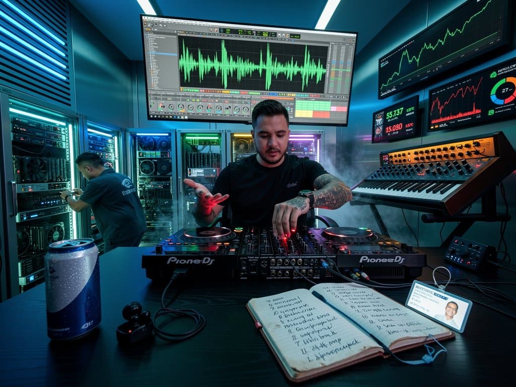 DJ-Studio mit AI-Waveforms, GPU-Monitoring und Crypto-Charts in cyberpunk-Stil