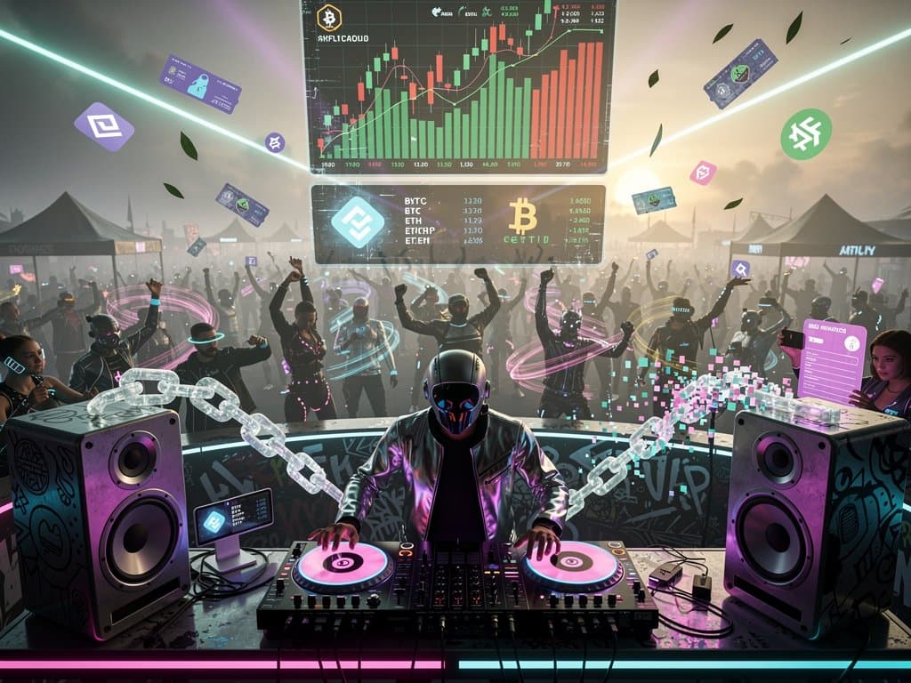 DJ-Booth mit BTC-Charts und NFT-Tickets in Metaverse-Festival-Atmosphäre