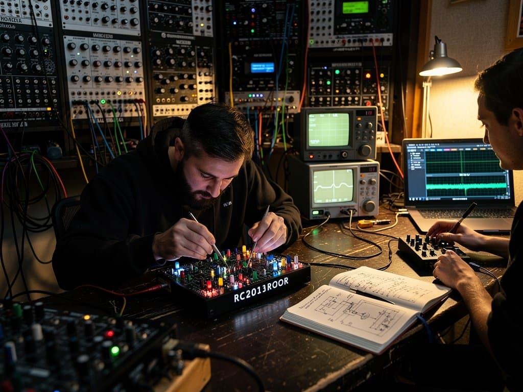 RC2014-Platine in Berliner Studio mit Chiptune-Wellenformen und Synthesizern