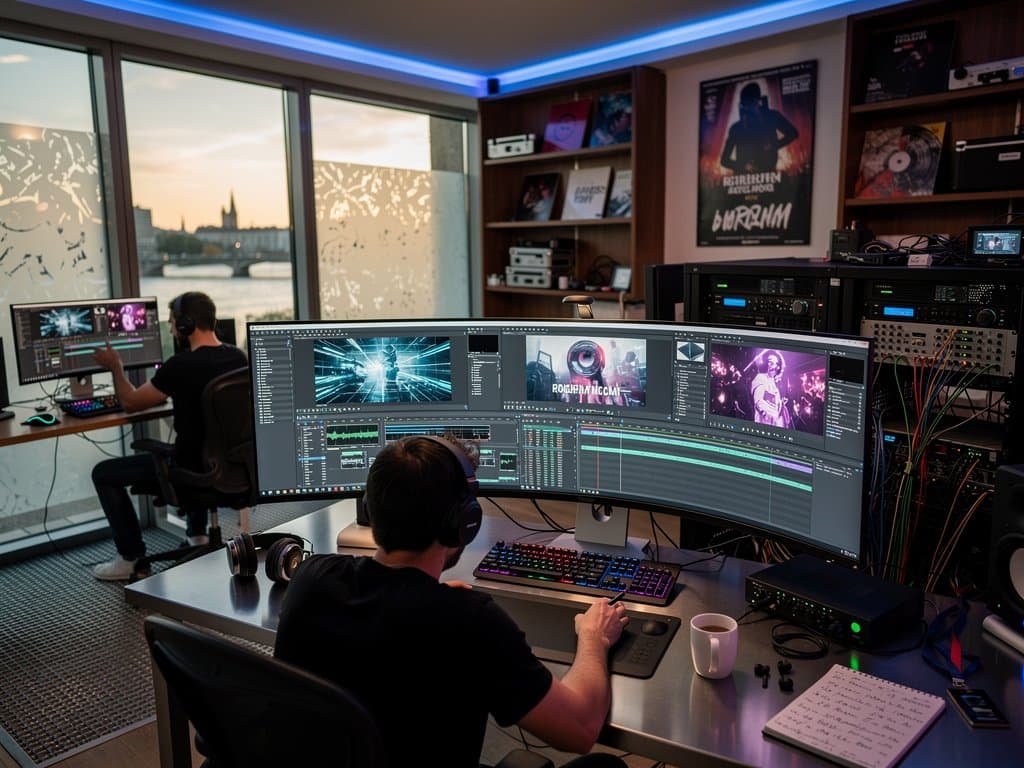 Kdenlive-Timeline mit EDM-Visuals auf Ultrawide-Monitor in Berliner Techno-Studio mit Audio-Interface und Vinyl-Sammlung