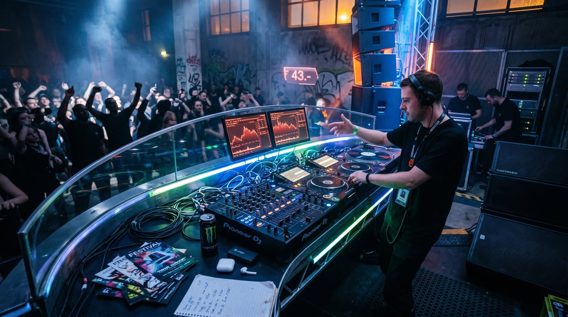 DJ-Pult mit Hyperliquid-Charts und Festival-Flyern in neonbeleuchtetem Berliner Club